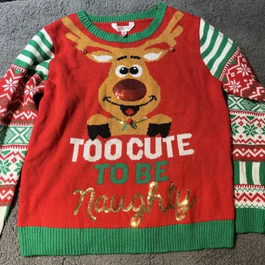 NoBo Christmas Ugly Sweater Juniors Large Sequins Too Cute To Be Naughty Tacky
