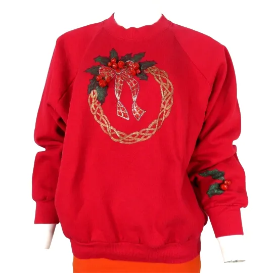 Vintage Christmas Ugly Sweater Sweatshirt Red Bells Wreath Ribbon Womens L