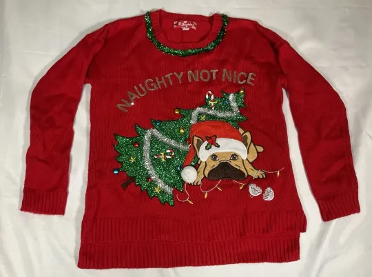 Discover 33 Degrees Ugly Christmas Sweater Dog Naughty Not Nice Women’s Large