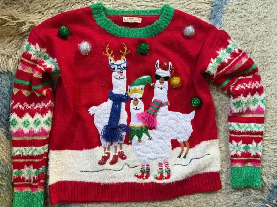 It's Our Time Llama Ugly Christmas Sweater Sz S Pom Pom & Bells Red