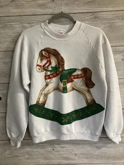 Discover VTG Jerzees Ugly Christmas Sweatshirt Sweater SZ LARGE White Rocking Horse