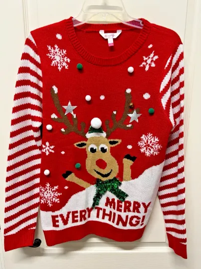 No Boundaries Womens L 11-13 Ugly Christmas Sweater Reindeer Merry Everything!