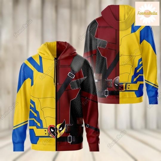 Discover Halloween Deadpool And Wolverine Costume Shirt, Superhero Characters Cosplay Zip Hoodie, Deadpool 3 Movie Shirt, Halloween Costume Tee