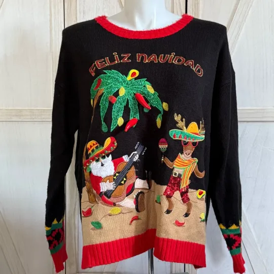 Feliz Navidad Ugly Christmas Sweater Womens 1X (16W/18W) Santa Reindeer