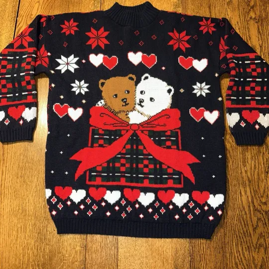 Discover Vtg 80s 90s Christmas Sweater Teddy Bears Present Hearts Ugly Made USA No Size
