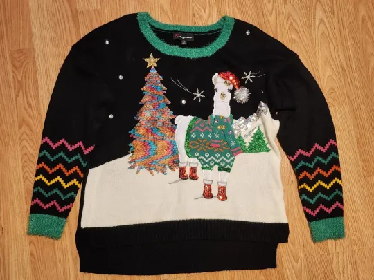 Womens 33 Degrees 3D Llama Christmas Tree Sequin Ugly Black XL Sweater
