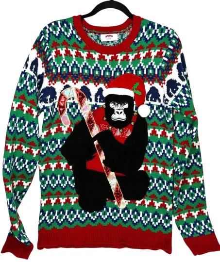 Discover Men's Gorilla with Candy Cane and Bells Ugly Christmas Sweater size S (32-34)