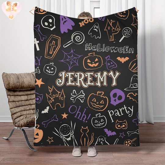 Discover Personalized Halloween Kids Blanket: Custom Name, Skeleton, Pumpkin
