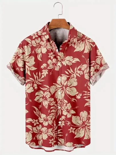 Discover Men's Hawaiian Button-Up Shirt with Red Flower Floral Pattern