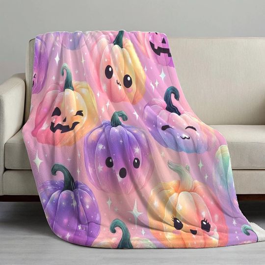 Discover Pastel Kawaii Halloween Plush Velveteen Blanket | Cute Rainbow Pumpkin Galaxy Stars | Cozy Fall Throw Home Decor, Cute Pumpkin Throw