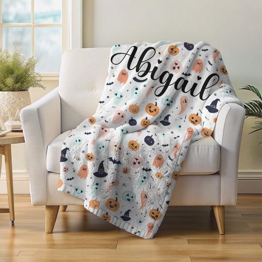 Discover Personalized Halloween Minky Blanket, Cozy Blanket, Custom Kids Teens Adult Blanket, Fall Decor, Ghosts Pumpkins Witches Hat Blanket