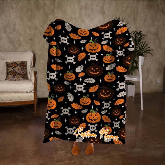 Discover Custom Name Pumpkin Blanket, Funny Skull & Leaves Halloween Blanket, Personalized Black Blanket, Fall Home Decor, Halloween Party Gifts.