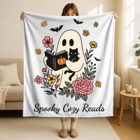 Discover Ghost Cat Halloween Blanket: Spooky Cozy Reads, Fall Floral Throw