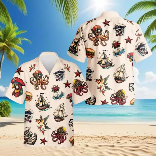 Discover Hawaiian Shirt Summer Tattoos Button-Down Short Sleeve Men Women
