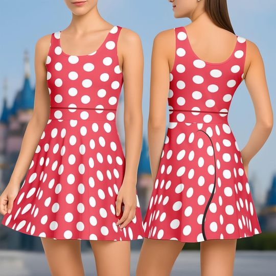 Disney Minnie Mouse Costume Skater Dress, Disneyland Trip Dress Women, Cartoon Character Party Look, Red Polka Dot Retro Cosplay Dress