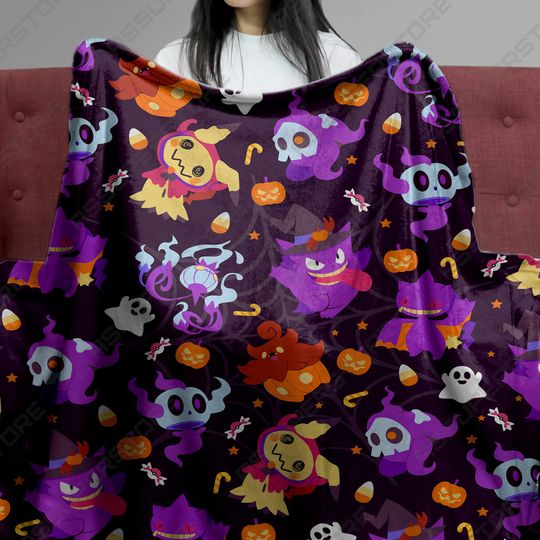 Gengar Fleece Blanket Halloween Style Cozy Cotton Fleece Blend Throw Blanket with Cute Mimikyu Design Gengar Blanket Gifts