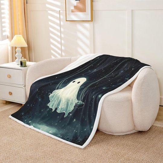 Halloween Ghost Flannel Throw Blanket, Ghost Swing Starry Glitter Fleece Blanket, Mysterious Halloween Night Lightweight Blanket for Sofa