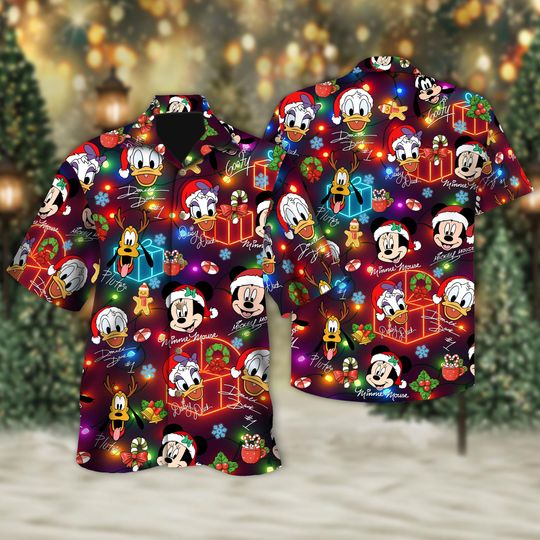 Discover Neon Mickey And Friends Signature Christmas Hawaiian Shirt