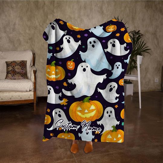 Discover Custom Name Pumpkin Blanket, Funny Ghost Halloween Blanket, Personalized Black Blanket, Fall Home Decor, Halloween Party Gifts.