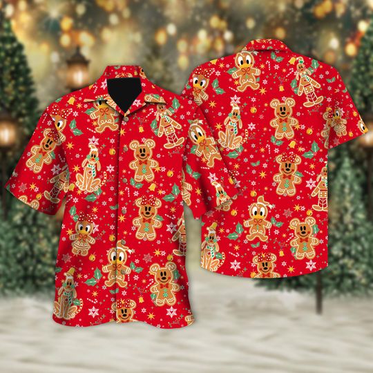 Discover Mickey and Friends Gingerbread Red Hawaii Shirt, Disney Christmas Shirt, Mickey's Very Merry Button Shirt, Christmas Holiday Hawaiian Tee