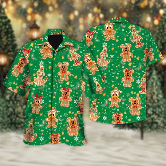 Discover Mickey and Friends Gingerbread Green Hawaii Shirt, Disney Christmas Shirt, Mickey's Very Merry Button Shirt, Christmas Holiday Hawaiian Tee