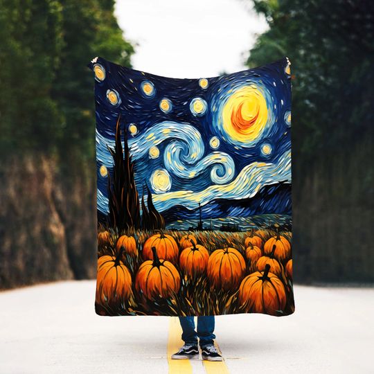 Discover Starry Night Pumpkin Throw Blanket: Halloween Cottagecore Fleece Decor