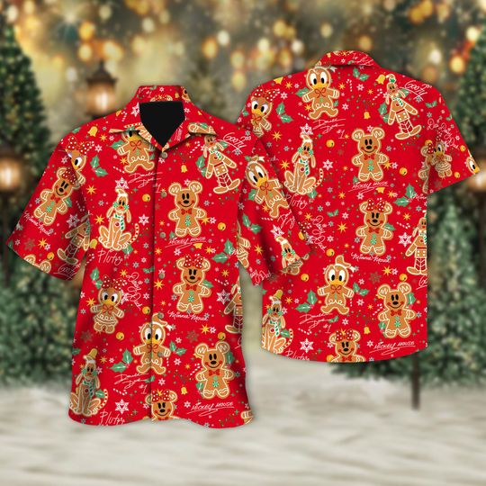 Discover Mickey and Friends Signatures Gingerbread Green Hawaii Shirt, Disney Christmas Shirt, Mickey's Very Merry Xmas Party Holiday Button Tee