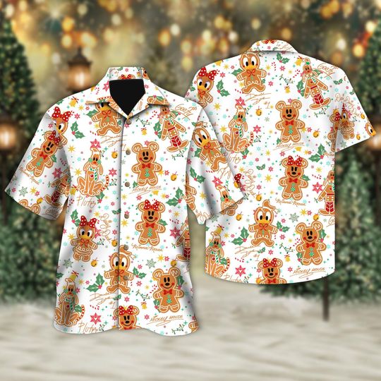 Discover Mickey and Friends Signatures Gingerbread Hawaii Shirt, Disney Christmas Shirt, Mickey's Very Merry Button Shirt, Xmas Party Holiday Tee