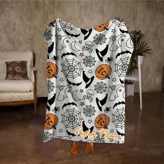 Discover Custom Name Bat Spider Web Blanket, Funny Pumpkin Skull Halloween Blanket, Personalized White Blanket, Fall Home Decor, Halloween Gifts.