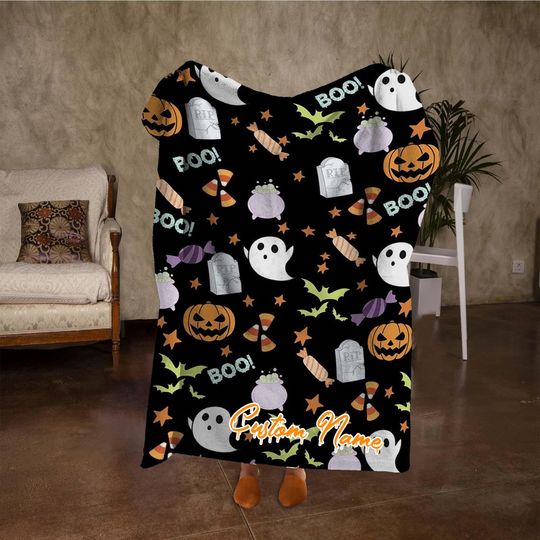 Discover Custom Name Cute Candies Blanket, Funny Ghost Pumpkin Halloween Blanket, Personalized Black Blanket, Fall Home Decor, Halloween Gifts.
