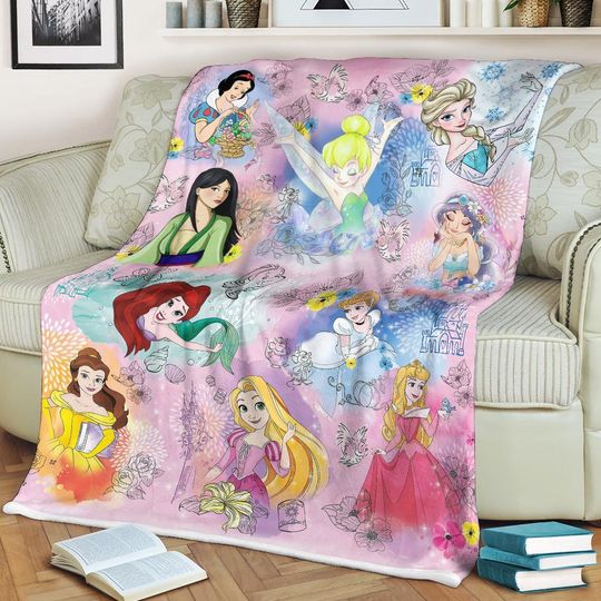 Discover Personalized Watercolor Princess Blanket, Baby Girl Trip Fleece Blanket, Princess Birthday Girl Gift, Princess Characters Quilt Blanket