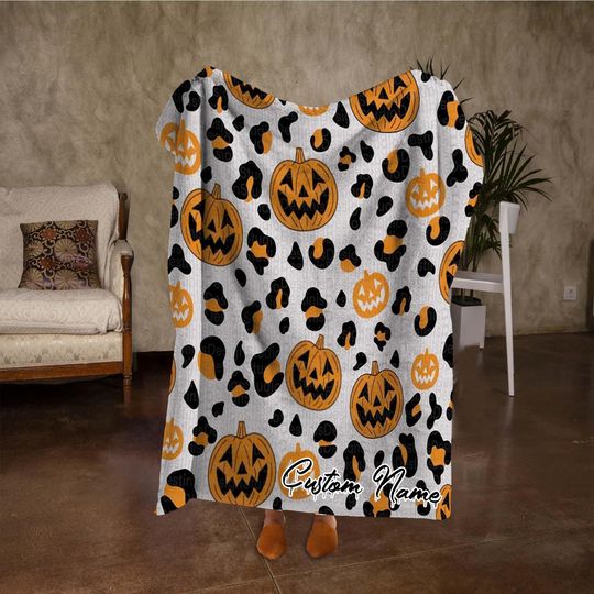 Discover Custom Name Funny Pumpkin Blanket, Retro Halloween Pumpkin Throw Blanket, Personalized White Blanket, Halloween Lover Gift.