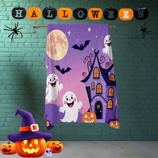 Halloween Sherpa Throw Blanket: Happy Ghost, Haunted House, Pumpkins & Bats