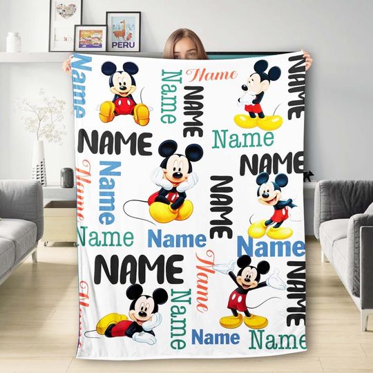 Discover Personalized Famous Mouse Plush Fleece Blanket, Custom Name Mouse Ear Blanket