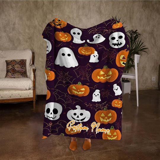 Discover Custom Name Ghost Pumpkin Blanket, Retro Halloween Throw Blanket, Personalized Dark Purple Blanket, Vintage Halloween Decor, Unique Gifts.