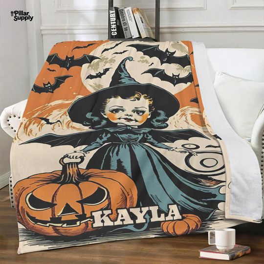 Discover Personalized Halloween Witch Blanket, Custom Name Cozy Throw, Spooky Season Gift, Witch & Bats Decor, Halloween Fleece Blanket