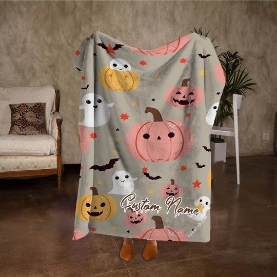 Custom Name Cute Pumpkin Blanket, Funny Ghost Halloween Blanket, Personalized Grey Blanket, Fall Home Decor, Halloween Party Gifts.