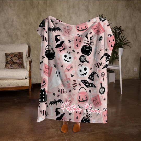 Discover Custom Name Spooky Pumpkin Blanket, Funny Halloween Blanket, Personalized Pink Blanket, Fall Home Decor, Halloween Party Gifts.