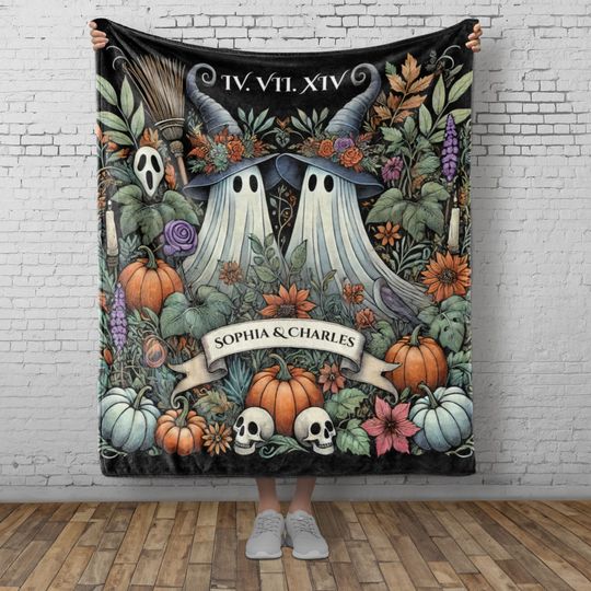 Discover Personalized Ghost Couple Blanket, Cottagecore Spooky Halloween Pumpkin, Wedding Anniversary Gift Idea for Goths with Names