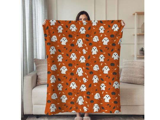 Discover 2025 Halloween Home Decor Orange Halloween Fleece Blanket Cute Ghost Jack -o-lanterns Spooky Boho Halloween Soft Fleece Blanket Fall Decor