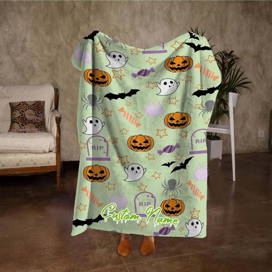 Custom Name Ghost Blanket, Personalized Funny Pumpkin Bat Spider Candy Halloween Blanket, Halloween Fall Home Decor, Halloween Gifts.