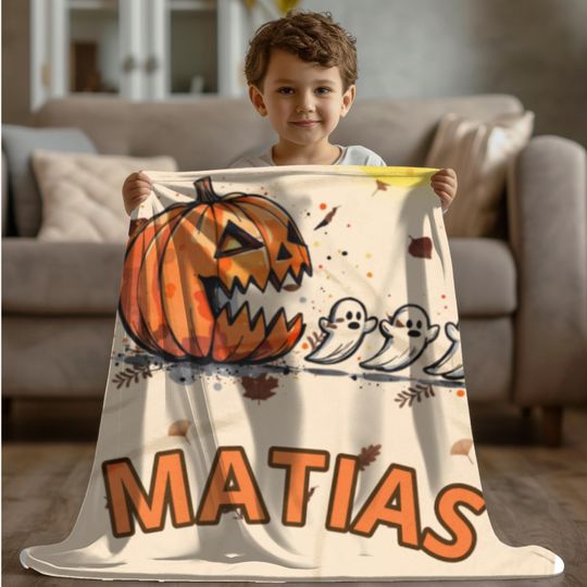 Discover Personalized Gamer Halloween Blanket  Retro Arcade Ghosts & Pumpkin Fleece Throw  Custom Name Cozy Fall Gift