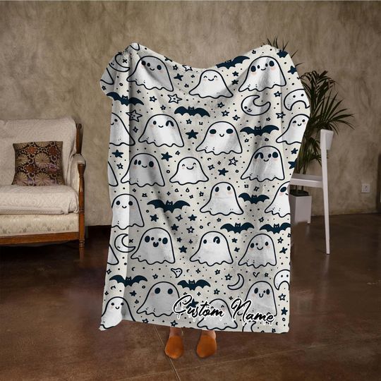Discover Custom Name Ghost Bat Blanket, Funny Moon Halloween Blanket, Personalized White Blanket, Fall Home Decor, Halloween Party Gifts.