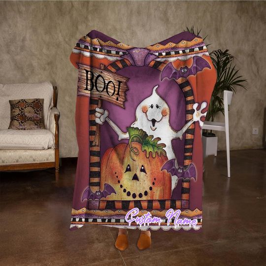 Custom Name Pumpkin Blanket, Funny Ghost Halloween Blanket, Personalized Purple & Red Blanket, Fall Home Decor, Halloween Party Gifts.