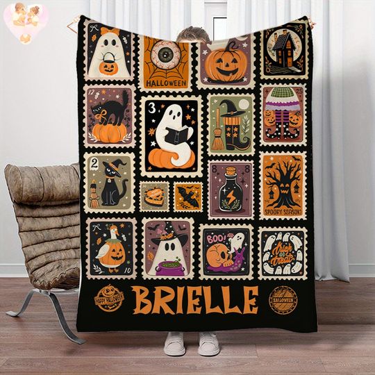 Discover Personalized Kids Halloween Fleece Blanket: Custom Name, Ghost, Pumpkin