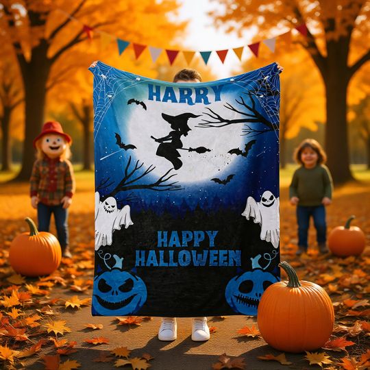 Discover Custom Fall Blanket with Name  Halloween Themed Personalized Throw, Soft Cozy Quilt for Baby, Toddler or Child
