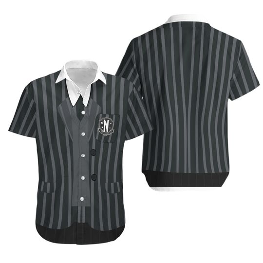Wednesday Addams Cosplay Button Shirt, Nevermore Academy Hawaiian Shirt, Shorts Men, Gothic Black Halloween Costume For Women Men