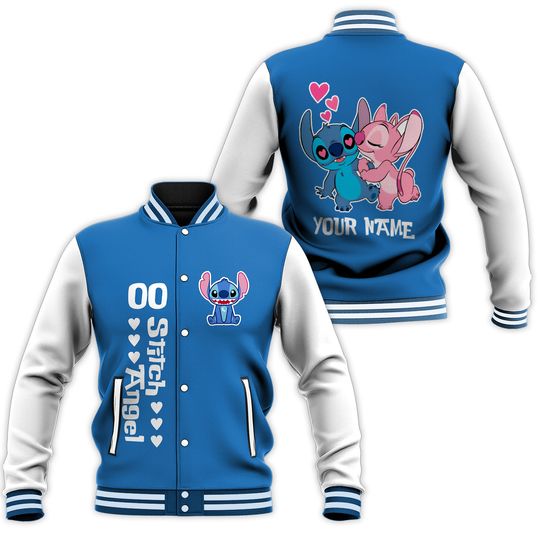 Custom Stitch and Angel Couple Blue Baseball Jacket, Adult Varsity Jacket