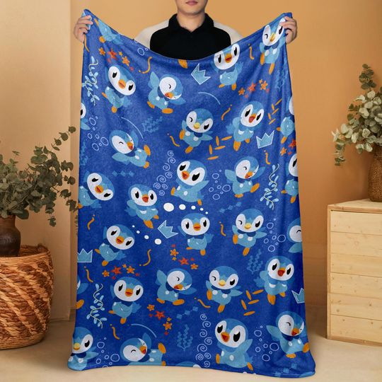 Piplup Fleece Blanket, Cute Cozy Throw Blanket, Soft Cotton Baby Blanket, Funny Bedroom Decor, Family Blanket Gift