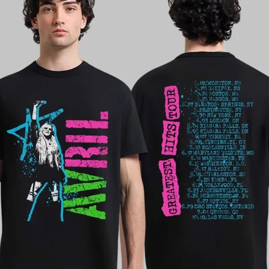 Discover Avril Lavigne Greatest Hits Tour 2025 Neon Double Sided T-Shirt
